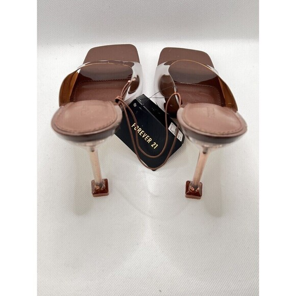 Brown Vinyl Spool Heeled Open Square Toe Slides 8 Transparent Mules x Forever21 - Picture 5 of 15